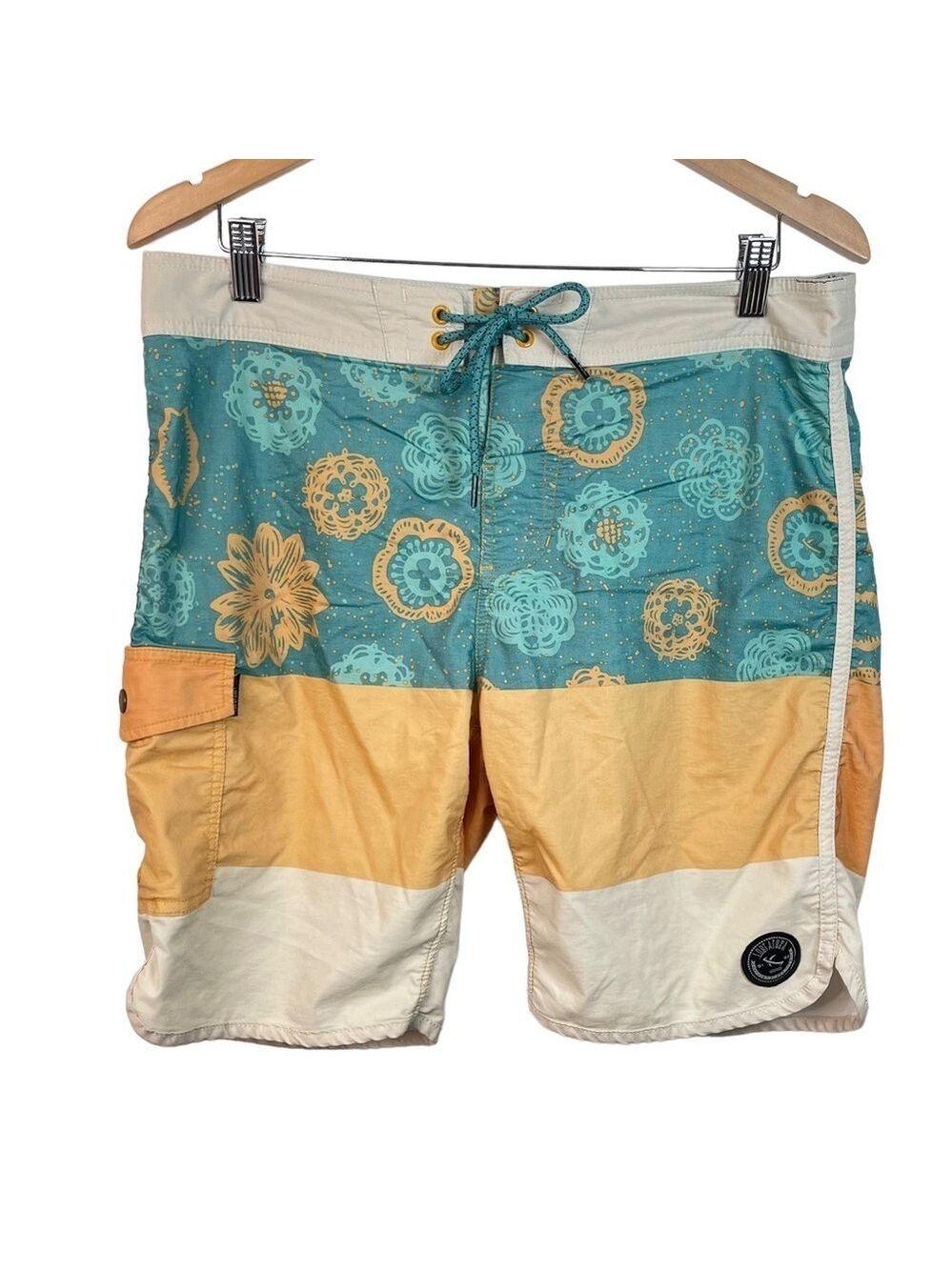 Lost At Sea Men's Orange Blue Floral Unlined Swim Trunks Board Shorts Size 32